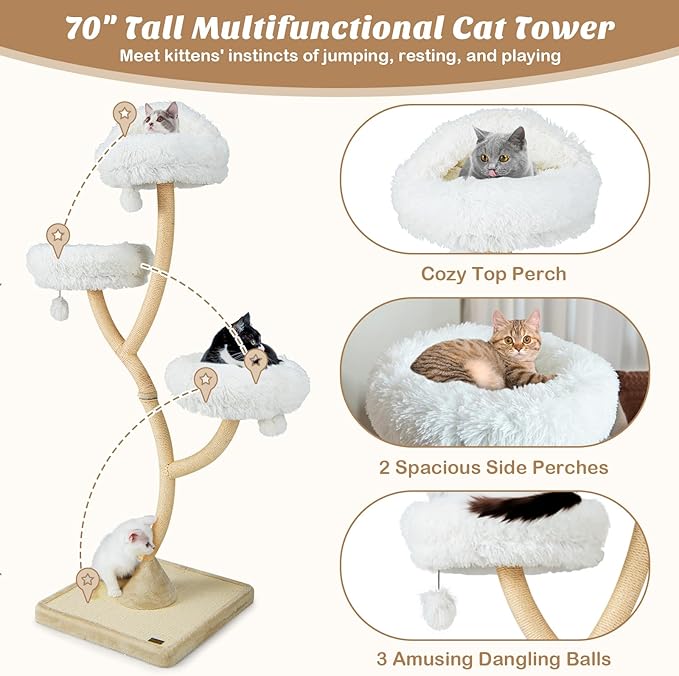 PETSITE 70" Tall Cat Tree, Cat Tower with Scratching Posts and Board, Multi-Level Cat Tower for Large Cats 20 lbs+ with 3 Cozy Perches and Dangling Balls, Modern Cat Tree for Indoor Cats Large Adult-Mewly Pet