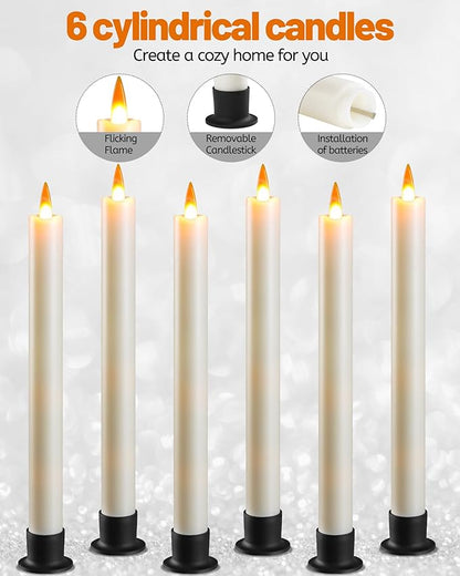Da by 6 Flameless Window Candles with Remote Controller & Timer, LED Cone Stick Candle, Free 6 Black Bases, 9.6 Inch Battery Powered Christmas Candles for Home, Party, Holidays, Christmas Decoration