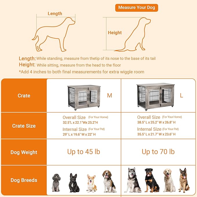 Lulive Dog Crate Furniture Set of 2, Dog Kennel Indoor Double Doors Wooden Dog Cage, 32'' Heavy Duty Dog Crate with Cushion & Wheels, End Table Pet House Chew-Resistant Up to 45 lb, Grey-Mewly Pet