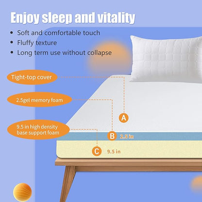 Memory Foam Mattress Medium-Firm for Pressure Relief & Cooler Sleep Gel Memory Foam Bed in a Box Fiberglass Free CertiPUR-US Twin Mattress for Soundly Sleep (Twin, 12 in)