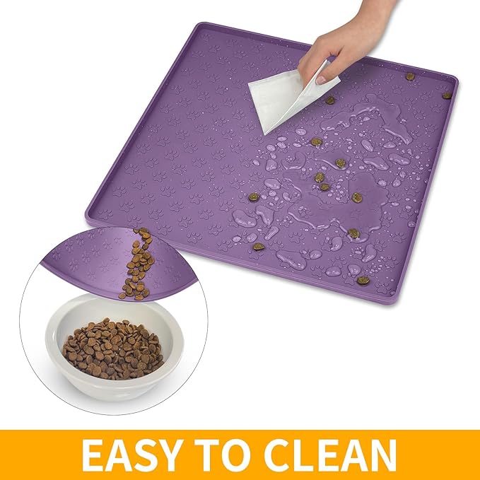 Ptlom Dog Food Mat Anti-Slip Bowl Mats for Food and Water, Waterproof Silicone Pet Placemat with High Raised Edges, Non-Slip Puppy Feeding Tray for Small, Medium Large Cats Dogs, Purple, 11.8"x11.8"-Mewly Pet