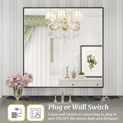 32x32 Inch LED Bathroom Mirror, Black Metal Framed Lighted Mirror for Bathroom, Wall Mouted LED Vanity Mirror with Lights, 3 Colors and Stepless Dimmable, Anti-Fog, Memory