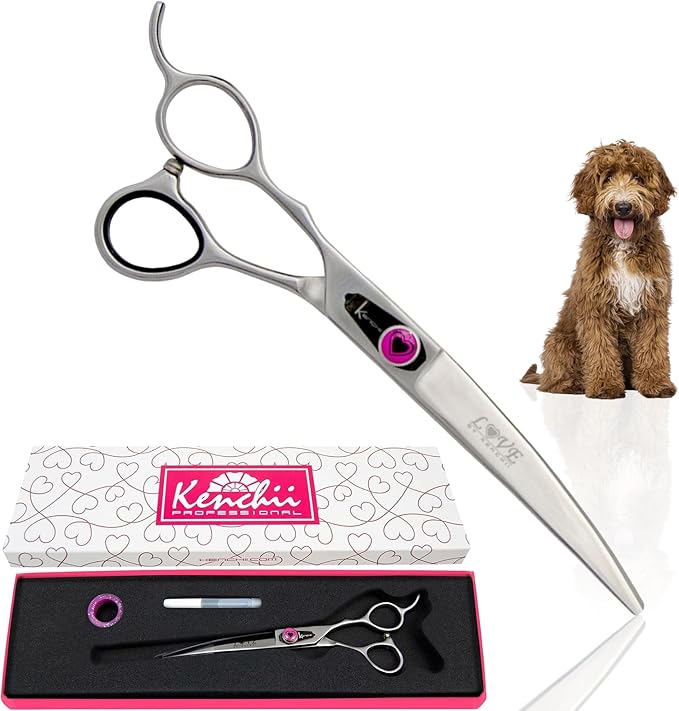 Kenchii Love Left Handed Dog Grooming Scissors, 7 Inch Curved Shears, Dog Scissors for Grooming, Professional Pet Grooming Scissors, Ergonomic & Comfortable-Mewly Pet