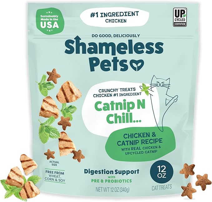 Shameless Pets Crunchy Cat Treats - Catnip Treats for Cats with Digestive Support, Kitten Treats with Real Chicken, Natural & Healthy Flavored Feline Snacks - Catnip N Chill, 1-Pk (12 Oz)-Mewly Pet