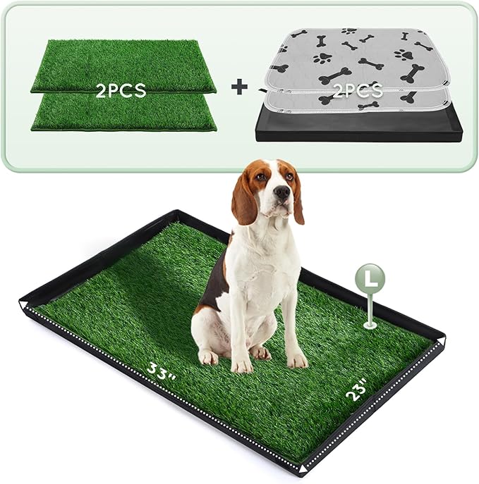 Dog Grass Pad with Foldable Dog Litter Box,Large Liner Base for Balcony，Ultra-Absorbent Artificial Grass Pads for Dogs Pee Pad Holder, Potty Training, 2 PCS Reusable Pee Pad-Mewly Pet