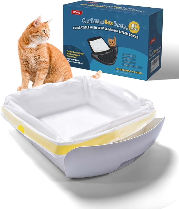 KONE Cat Litter Bags for Robot 3/4, 2 mil Thickened Drawstring Waste Drawer Liners Compatible with Most Self-cleaning Automatic Boxes - 57 Count Pet Kitten Poop Disposable Replacement Bag, 5-9 Gal-Mewly Pet