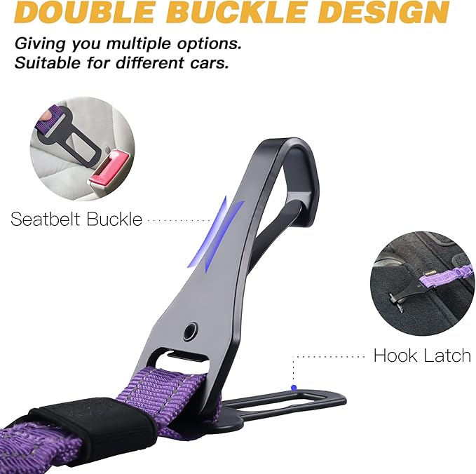 AUBELL Dog Seat Belt for Car,2 Pack Set 3-in-1 Adjustable Reflective Bungee Heavy Duty Dog Car Harness Tether with Clip Hook Latch & Buckle,Swivel Zinc Alloy Carabiner,Black+Purple-Mewly Pet