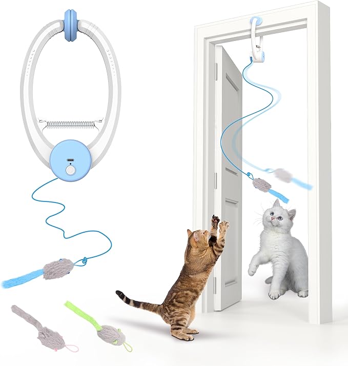 Interactive Cat Toys Rechargeable, Feather Toy for Indoor Cat, Hanging Retractable Teaser Toy, Automatic Kitten Play Chase Exercise Toys with Three Plush Mouse, USB Powered (Blue)-Mewly Pet