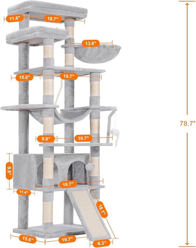 Heybly Tall Cat Tree, 78-inch Multi-Level Cat Tower for Indoor Cats, 2 Widened Plush Perches Cat Condo with Scratching Board and Big Caves, Light Gray HCT033W-Mewly Pet