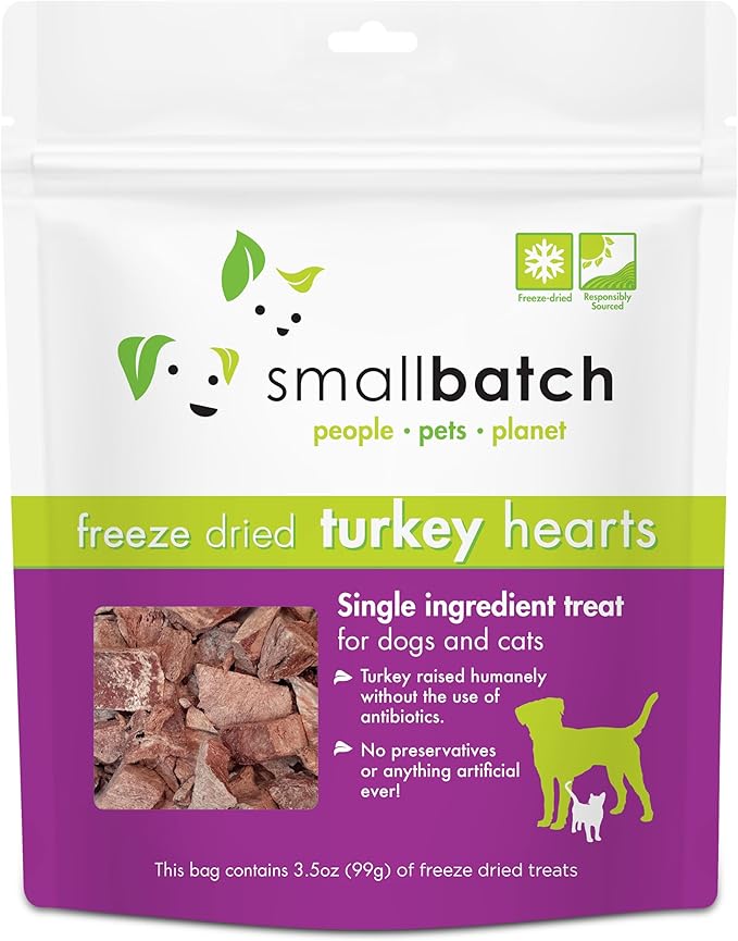 smallbatch Pets Premium Freeze-Dried Turkey Heart Treats for Dogs and Cats, 3.5 oz, Made and Sourced in The USA, Single Ingredient, Humanely Raise Meat, No Preservatives or Anything Artificial Ever-Mewly Pet