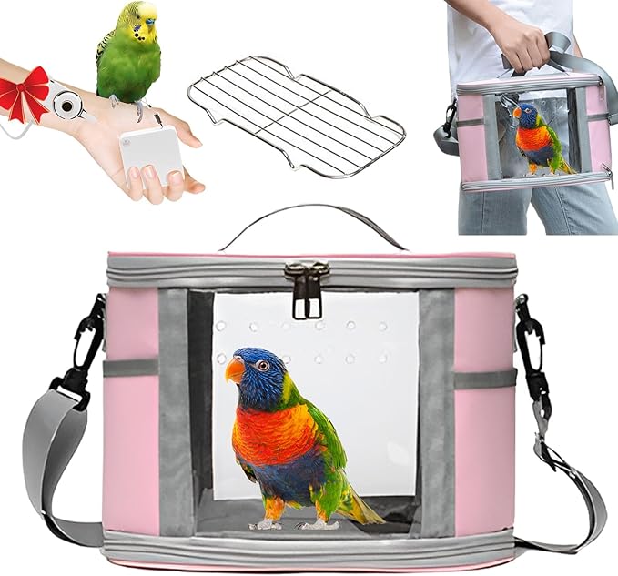 Bird Travel Carrierm, Small Bird Travel Backpack Carrier Cage with Tray and Breathable Clear Window, for Parakeet Cockatiel Budgies, for Camping Hiking (Large-Pink)-Mewly Pet