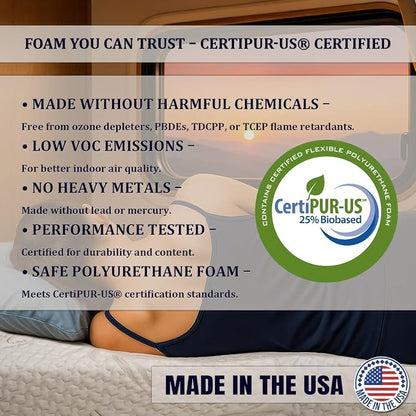 Foamma 6" x 38" x 80" Mattress for RV with Water Resistant Organic Cotton Cover, Firm High Density Foam, USA Made, CertiPUR-US Certified Foam