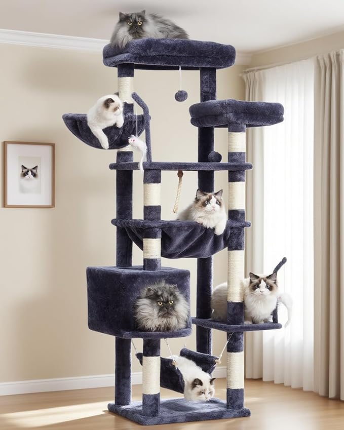 Cat Tree, Cat Tower for Large Cats with 2 Big Platforms, 2 Baskets, condo and Toys, 63" Cat Scratching Posts for Indoor Cats, Smoky Gray GCT020G-Mewly Pet