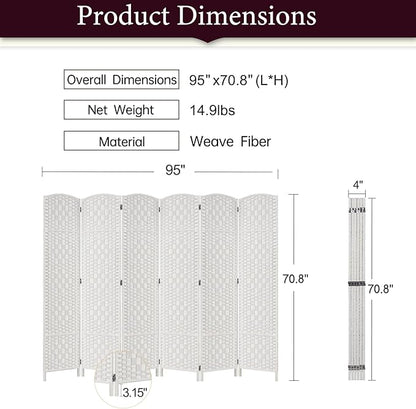 Rose Home Fashion 6 ft Tall Room Divider, Room Dividers and Folding Privacy Screens, 15.7in Privacy Screen 6 Panel Partition Temporary Wall Separation for Private, White