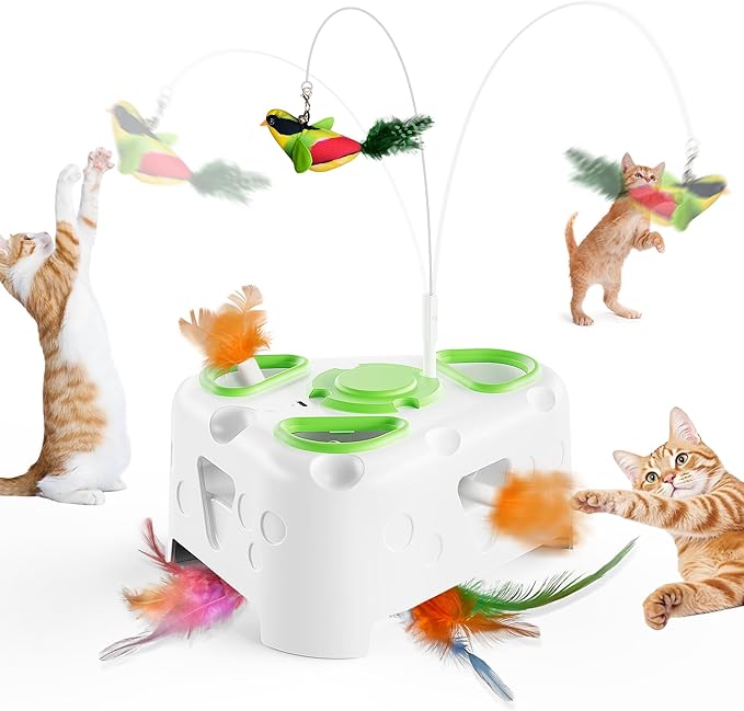 3-in-1 Interactive Cat Toys for Indoor Cats,Automatic Kitten Toy,Flying Bird,6 Holes Mole,Rotating Feather, Rechargeable USB Interactive Cat Feather Toys for Bored Indoor Cats-Mewly Pet