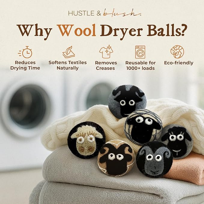 Fluff Ewes Wool Dryer Balls 6 Pack Premium New Zealand Wool Laundry Balls for Dryer, No Static Dryer Balls Laundry Reusable, XL Wool Dryer Balls Cute, Baby Dryer Balls for Dryers - Classic-Mewly Pet