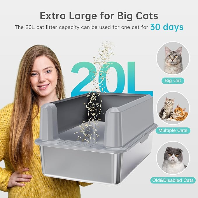 Enclosed Stainless Steel Cat Litter Box with Lid, XL Extra Large Litter Box for Big Cats, Metal Litter Pan High Sided, Never Absorbs Odors, Anti-Urine Leakage, Include Scoop (SH-Light Gray)-Mewly Pet