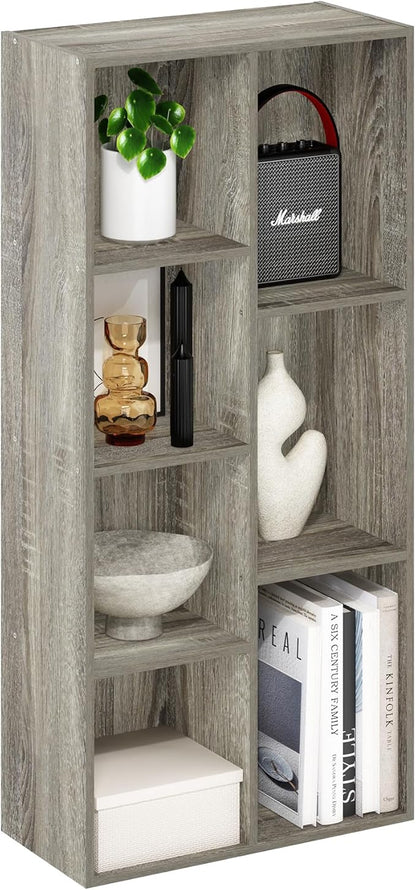 Furinno LUDER Book Shelf, 7-Cube Bookshelf, Bookcase, 9.4" x 19.5" x 41.7", for Living Room, Bedroom, Home Office, French Oak