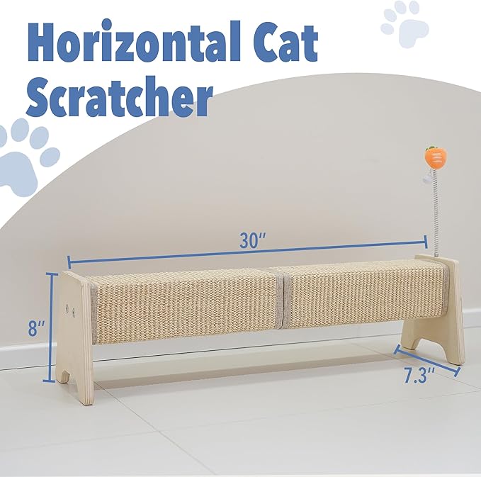 Cat Scratching Post, 30" Horizontal Sisal Scratch Post for Indoor Cats, Durable Cat Furniture Protector with Spring Toy-Mewly Pet
