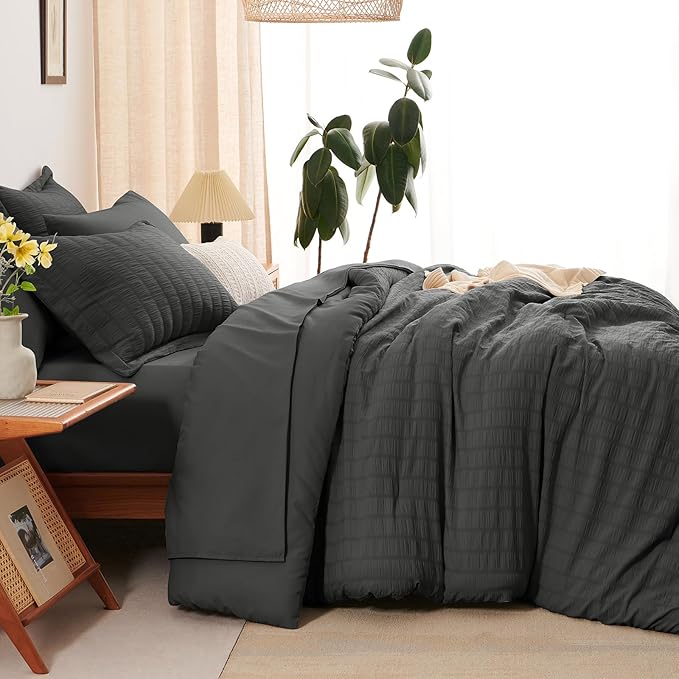 CozyLux Twin XL Comforter Set with Sheets Seersucker Dark Grey 5 Pieces Bed in a Bag, Twin Extra Long Luxury Bedding Sets for College Dorm with Down Alternative Comforter, Sheets, Pillowcases & Shams
