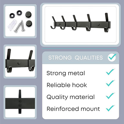 Matte Black Coat Rack Wall Mount – 15 Inch Stainless Steel Hook Rail with 5 Double Coat Hooks – Wall Mounted Entryway Organizer for Coats, Hats, Bags, Towels, Robes, Closet or Bathroom - 2 Pack