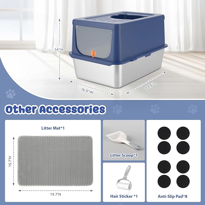 Litter Box with Lid, Stainless Steel Litter Box XL, 14" H Metal Cat Box with High Sides Wall Enclosure, Cat Pan, Non-Sticky, Easy Clean, Anti-Leakage, Blue-Mewly Pet