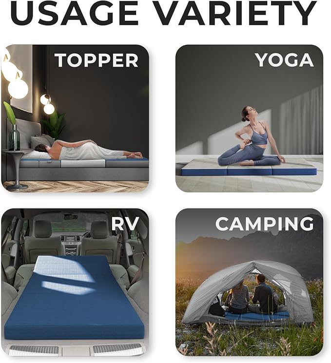 Cozzzi Foldable Mattress Queen Size for Floor and Traveling with Removable Cover - Lightweight and Portable Folding Mattress for Adults & Kids - Compact and Easy to Storage - Navy (75in x 58in x 4in)