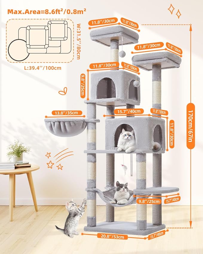 Taoqimiao 66-Inch Cat Tree Cat Tower for Indoor Cats, Plush Multi-Level Cat Condo with 7 Scratching Posts, 2 Perches, 2 Caves, Hammock, 2 Pompoms MS013W Light Gray-Mewly Pet