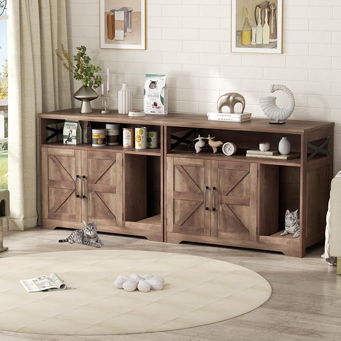 Cat Litter Box Enclosure, Hidden Litter Box Furniture with Scratch Pad, Farmhouse Indoor Cat House Washroom End Table, Retro Brown-Mewly Pet