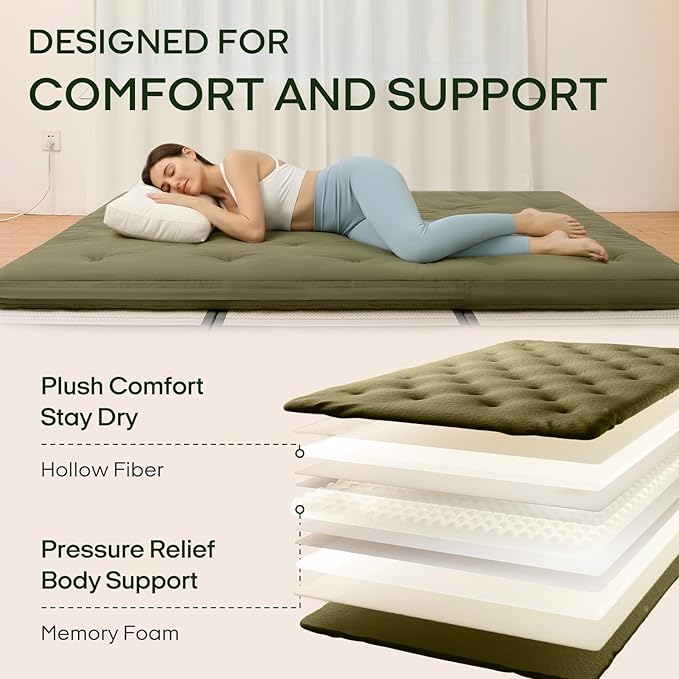 ZonLi Japanese Floor Futon Mattress Twin Size 39"x 80",100% Cotton 2.5'' Thicken Tatami Mattress,Foldable Sleeping Pad,Portable Dormitory Tatami Mat,Roll Up Floor Lounger Bed for Adult (Winter Moss)
