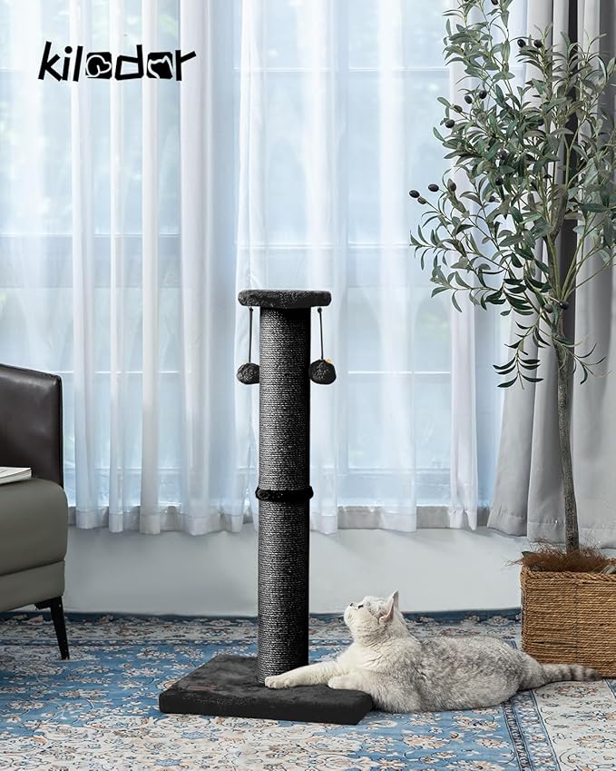 Kilodor 34Inch Tall Cat Scratching Post,4.3Inch Diameter Large Sisal Cat Scratch Post with Ball, Sturdy and Durable Cat Scratcher for Indoor Cats Adults Black-Mewly Pet