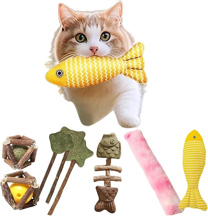 Natural Cat Toys Set with Catnip Fish & Bone,Catnip Plush Toy & Natural Silvervine Stick Cage Balls & cat nip for Cats Lolipop, 8-Piece cat Toys for Indoor Cats Interactive Pet Toys-Mewly Pet