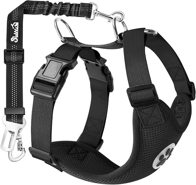 SlowTon Dog Seat Belt Harness for Car, Dog Car Harness Adjustable Mesh Breathable & Dog Seatbelt Safety Tether with Elastic Bungee for Small Medium Large Pets(Black, Double Clip, M)-Mewly Pet