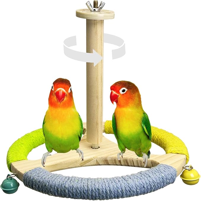 PINVNBY Hanging Bird Stand Perch Toy Wooden Spinning Parrot Perch with Cotton Rope and Bell Interactive Cockatiel Toy Bird Cage Accessories for Parakeets Conures Budgies Finches Lovebirds-Mewly Pet