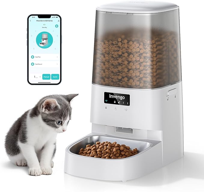 Cat Feeder Automatic - Cat Food Dispenser MeowServe S20, Auto Dog Feeder with Stainless Steel Bowl, 5L Pet Feeder with Patented Anti-Jam Port, App, Dual Lock Lid, Dual-Band WiFi & Power, White-Mewly Pet