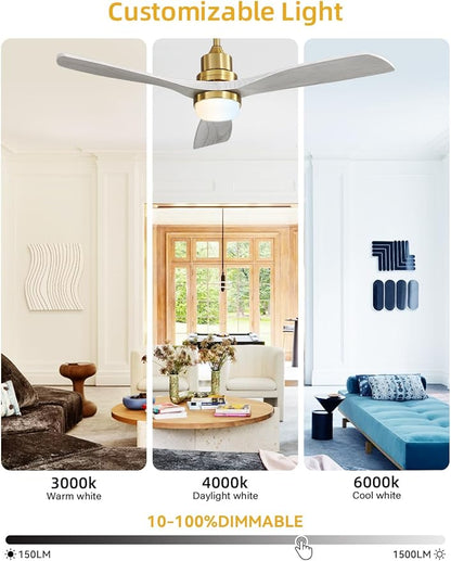 Sofucor Low Profile Ceiling Fan with Lights Remote Control 52 Inch Flush Mount Ceiling Fan Modern Wood Blade Fan for Bedroom Living Room Indoor Outdoor Farmhouse Patio, Grey Gold