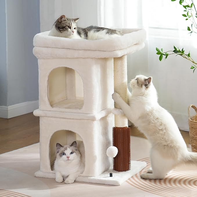 Cat Tree with Large Top Bed 17.7x15.7” Small Cat Tower with Dual Condos,28” Fully Scratching Post and Self Groomer for Indoor Cats-Beige-Mewly Pet
