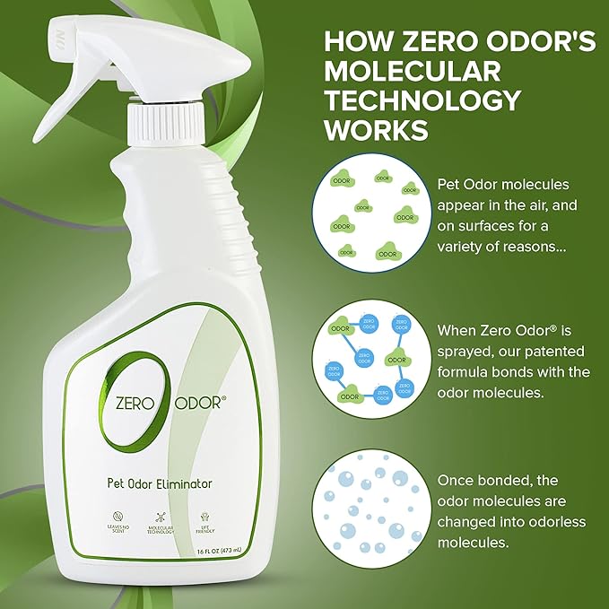 Zero Odor - Pet Odor Eliminator for Strong Odor, Eliminate Air & Surface Odors – Patented Molecular Technology Best For Carpet, Furniture, Beds Smell Great Again (Over 400 Sprays Per Bottle)-Mewly Pet
