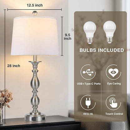 28" Tall Modern Table Lamps Set of 2 with USB A+C Ports and AC Outlet, 3 Way Touch Metal Bedside Lamps for Bedroom, Silver Farmhouse Nightstand Lamps for Living Room