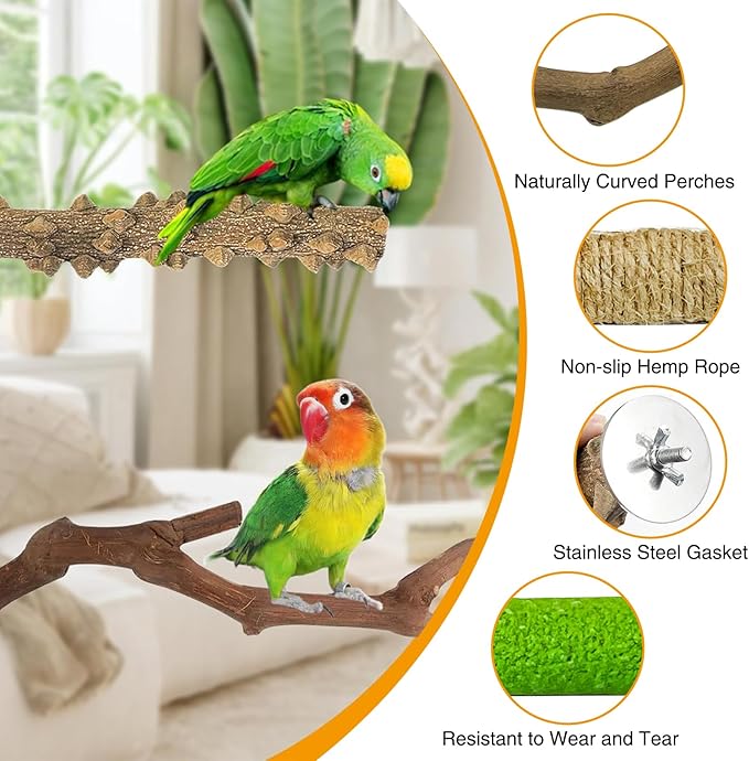 kathson 5pcs Natural Parrot Perch for Cage Wooden Bird Perches Grape Bird Stick Parakeet Climbing Standing Branches Toy Chewable Cage Accessories for Small Budgies Cockatiels Lovebirds Budgies-Mewly Pet