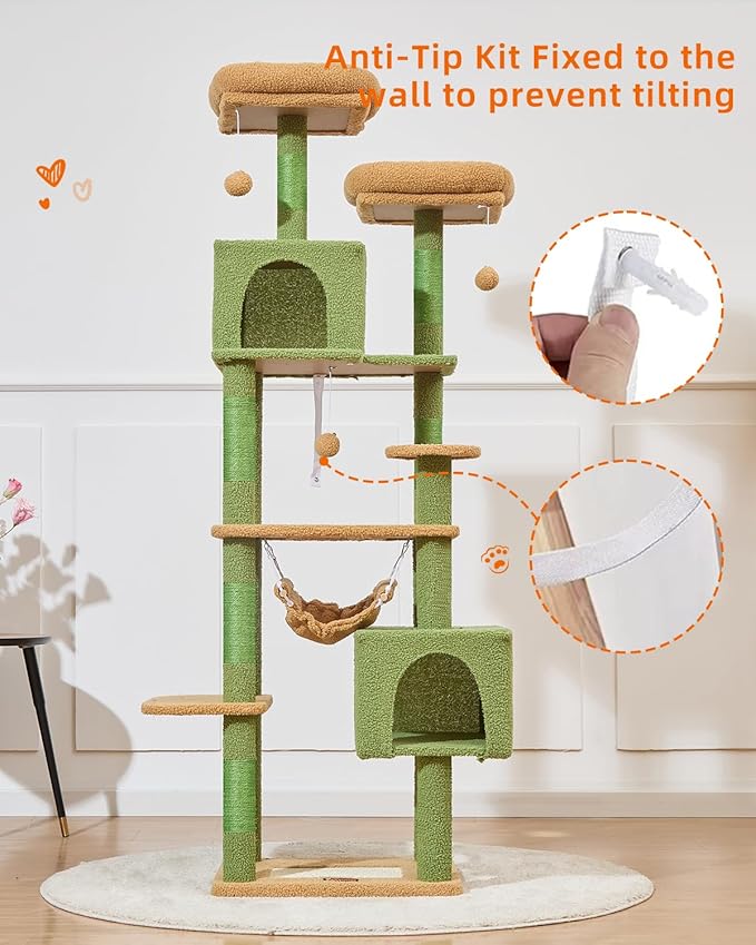 Taoqimiao Cat Tree, 68-Inch Cat Tree Cat Tower for Indoor Cats, Plush Multi-Level Cat Condo with 6 Scratching Posts, 2 Perches, 2 Caves,Hammock, 3 Pompoms,MS020ST Cactus-Mewly Pet