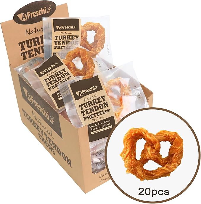 Afreschi Turkey Tendon for Dogs, Dog Treats for Signature Series, All Natural Human Grade Puppy Chew, Rawhide Alternative, 20 Units/Box Pretzel (Medium)-Mewly Pet