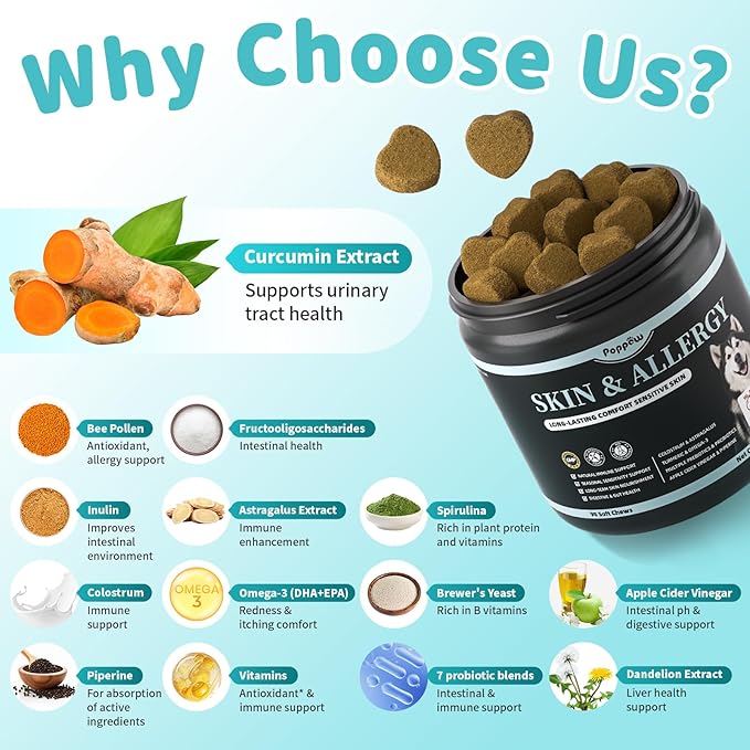 Dog Skin & Allergy Chews - Dog Probiotics for Sensitive Skin Health Support - Allergy Relief - Support Seasonal Allergies, Immune & Gut & Digestive Health Supplement - Chicken Flavor - 90 Count-Mewly Pet