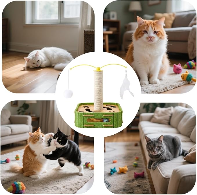 Interactive Cat Puzzle Toy - Scratching Post with Spinning Balls & Feathers for Indoor Cats, Satisfies Hunting Instinct, Self-Play Mental Stimulation Game with Rolling Track-Mewly Pet