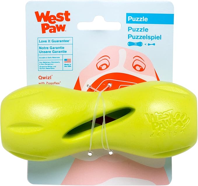 West Paw Zogoflex Qwizl Dog Puzzle Treat Toy – Interactive Chew Toy for Dogs – Dispenses Pet Treats – Brightly-Colored Dog Enrichment Toy for Aggressive Chewers, Fetch, Catch, Small 5.5", Granny Smith-Mewly Pet