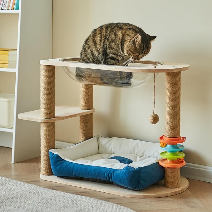 2 Tier Cat Tower,21.85 in cat Perch Wood cat condo with Hammock and Sisal Rope Scratcher Post Hanging Toy Balls for Indoor Large Cats Kittens (Blue)-Mewly Pet