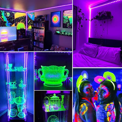 16.4FT Black Light Strip with USB Plug + Battery Box, Adhesive 300LEDs Blacklight Fixture, Battery & USB Operated for Glow Neon Party Birthday Glass Cabinet Fluorescent Poster Fishing Boat