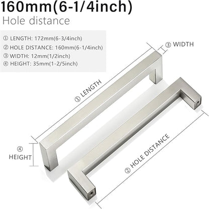 Cabinet Pulls Brushed Nickel Cabinet Handles Square Drawer Pulls, 50 Pack 6-1/4 Inch Stainless Steel Kitchen Door Cupboard Cabinet Handles, Cabinet Hardware Drawer Handles, 160mm Hole Centers