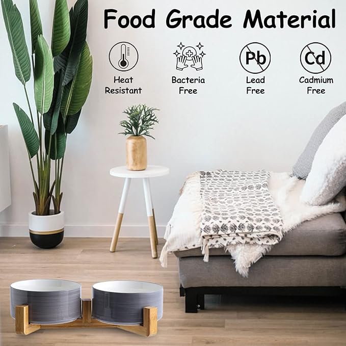 Petygooing Dog Bowls,Ceramic Cat Dog Bowl Set with Wood Stand for Food and Water,Non-Slip Weighted Cute Pet Dish Set for Cats and Medium Size Dogs (28OZ/6.1 in) Grey White-Mewly Pet