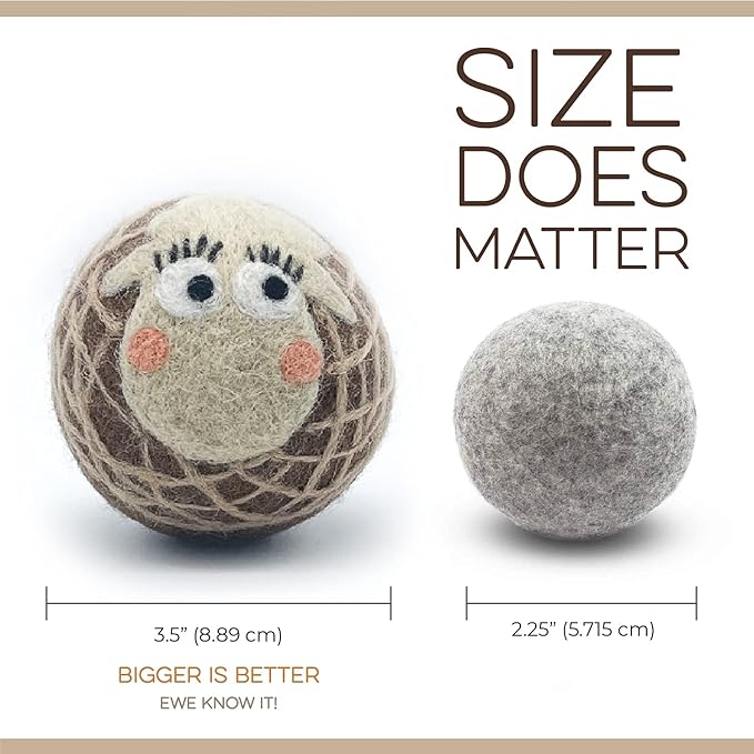 Fluff Ewes Wool Dryer Balls 3 Pack Premium New Zealand Wool Laundry Balls for Dryer, No Static Dryer Balls Laundry Reusable Cute - XL Wool Dryer Balls Cute, Baby Dryer Balls for Dryers - Darks-Mewly Pet